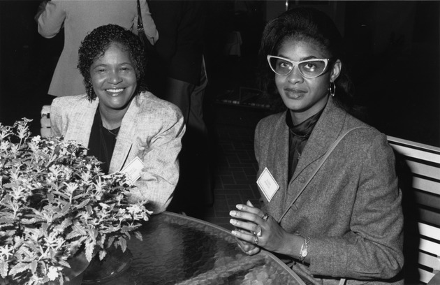 Tahlia McClain and Kathy Horton at the Black Faculty and Staff Reception 1991 - 1991_01_22_Black Employee Association_Mcclain_Horton_Recto